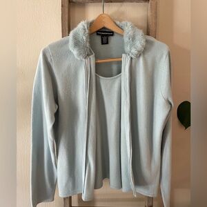 Norton McNaughton Sweater Attached Cardigan Light Blue With Removable Fur Collar